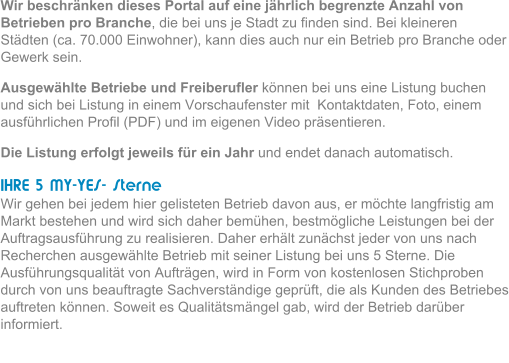 Wir beschrnken dieses Portal auf eine jhrlich begrenzte Anzahl von Betrieben pro Branche, die bei uns je Stadt zu finden sind. Bei kleineren Stdten (ca. 70.000 Einwohner), kann dies auch nur ein Betrieb pro Branche oder Gewerk sein.  Ausgewhlte Betriebe und Freiberufler knnen bei uns eine Listung buchen und sich bei Listung in einem Vorschaufenster mit  Kontaktdaten, Foto, einem ausfhrlichen Profil (PDF) und im eigenen Video prsentieren.  Die Listung erfolgt jeweils fr ein Jahr und endet danach automatisch.  IHRE 5 MY-YES- Sterne                                                                                    Wir gehen bei jedem hier gelisteten Betrieb davon aus, er mchte langfristig am Markt bestehen und wird sich daher bemhen, bestmgliche Leistungen bei der Auftragsausfhrung zu realisieren. Daher erhlt zunchst jeder von uns nach Recherchen ausgewhlte Betrieb mit seiner Listung bei uns 5 Sterne. Die Ausfhrungsqualitt von Auftrgen, wird in Form von kostenlosen Stichproben durch von uns beauftragte Sachverstndige geprft, die als Kunden des Betriebes auftreten knnen. Soweit es Qualittsmngel gab, wird der Betrieb darber informiert.